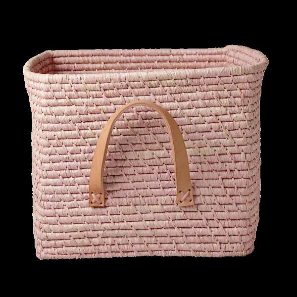 Rice - Small Square Raffia Basket with Leather Handles - Soft Pink