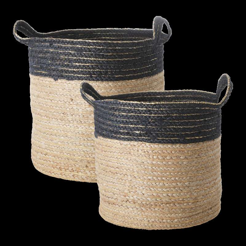 Rice - Set of Round Woven Storage Baskets - Black Edge
