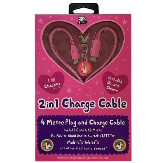 2in1 4m Pink Charge Cable with Unicorn Charm Pink