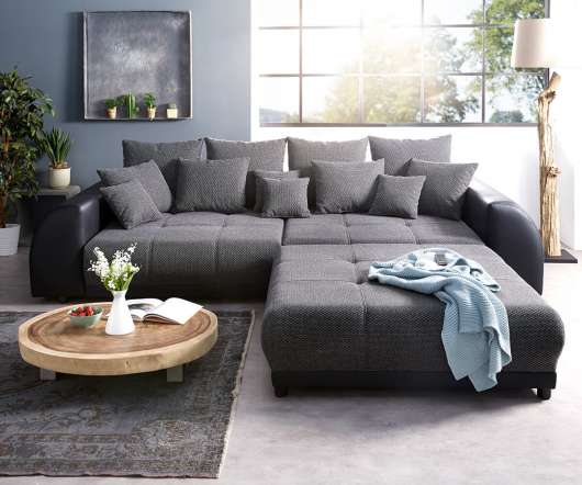 Big-Sofa Violetta 310x135 cm Schwarz mit Hocker
